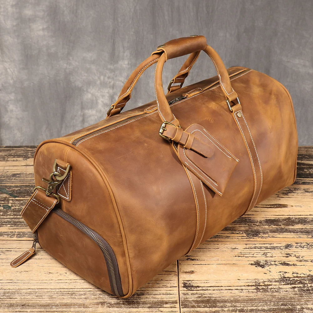 BARREL Cowhide Leather Handbag with Shoe Compartment