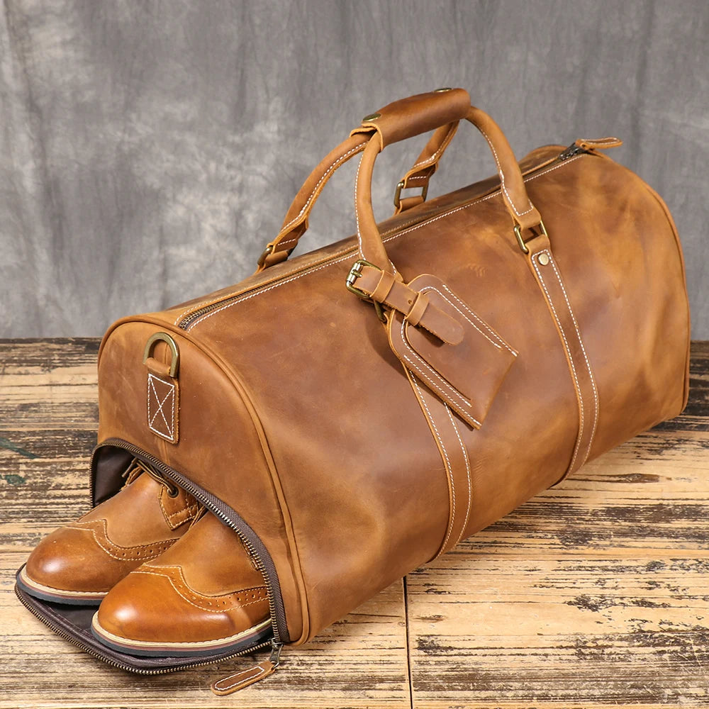 BARREL Cowhide Leather Handbag with Shoe Compartment
